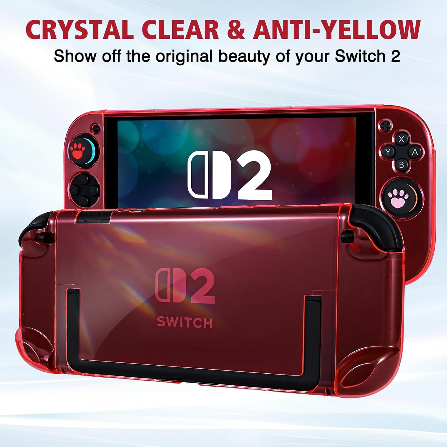 DLseego Protective Hard Case for Nintendo Switch 2 (2025), Slim PC Grip Cover for Joy Con, Detachable JoyCon Controller Shockproof & Scratch-Resistant Console Shell, 4 Thumb Grip,Transparent - Red - Image 3