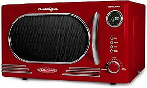 Nostalgia NRMO11RR6A 1000 Watt Power Retro Countertop Microwave Oven Easy to Clean with Removable Glass Turntable-Child Safety Lock-12 Programs-Digital Clock, 1.1 Cu. Ft, Red