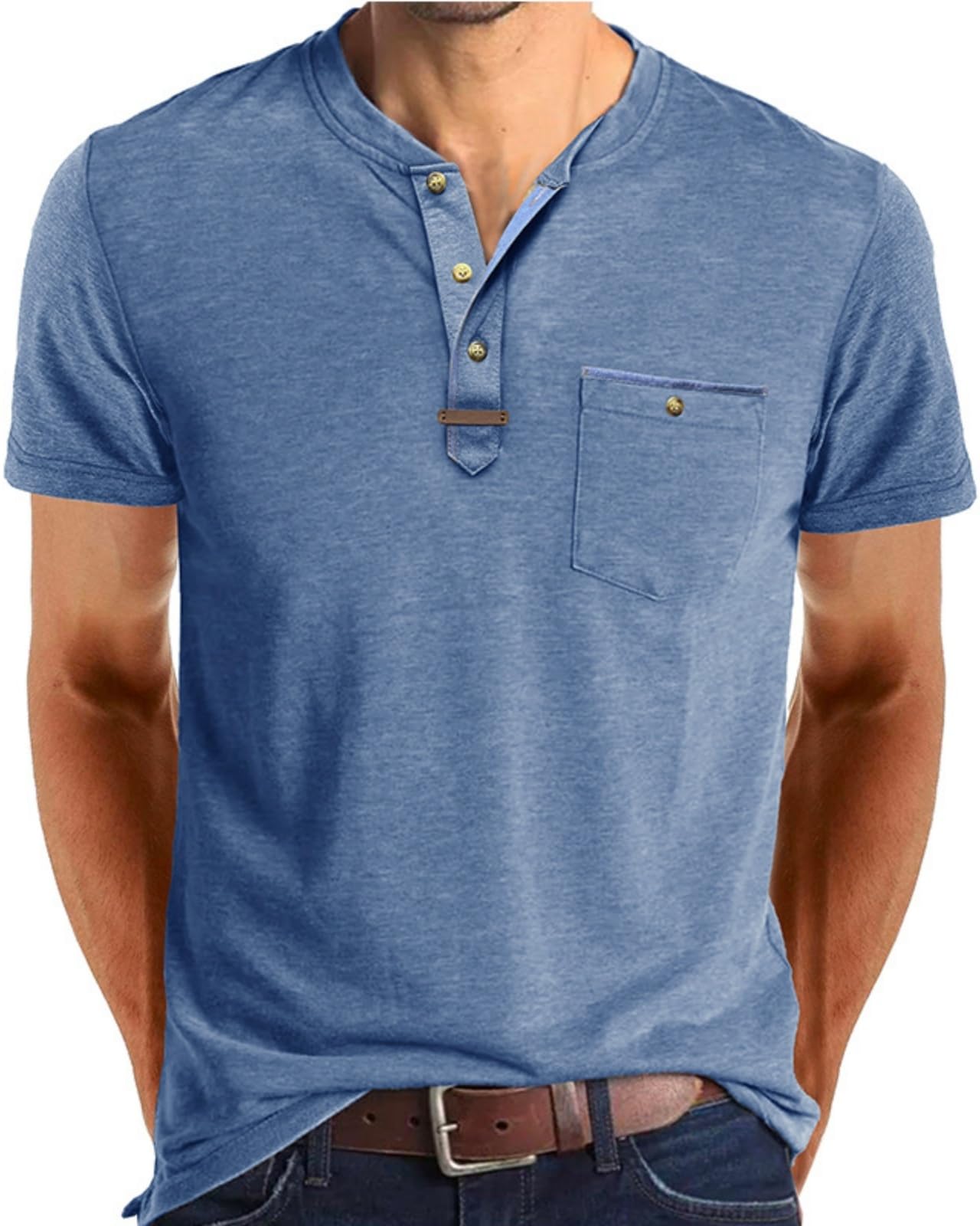 LAOARA Herren T Shirt Henley Sommer Kurzarm Knopfleiste V Ausschnitt Shirt Beiläufig mit Tasche