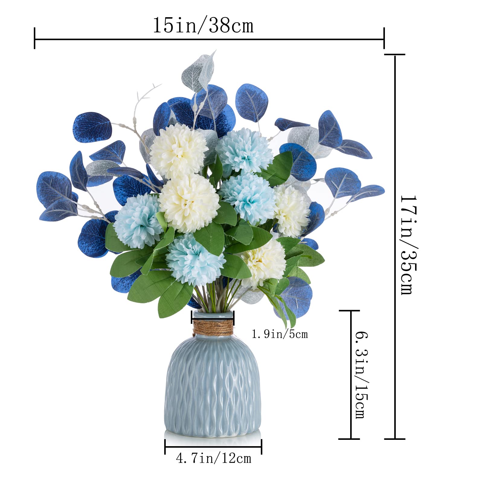 BLOSMON Kuenstliche Blumen mit Vase Tischdeko Kunstblumen im Vasen Plastik Blumenstrauss Unechte Dekoblumen Blau Seidenblumen Blumengestecke für Balkon Garten Hochzeit Wohnzimmer Drinnen Tisch Deko