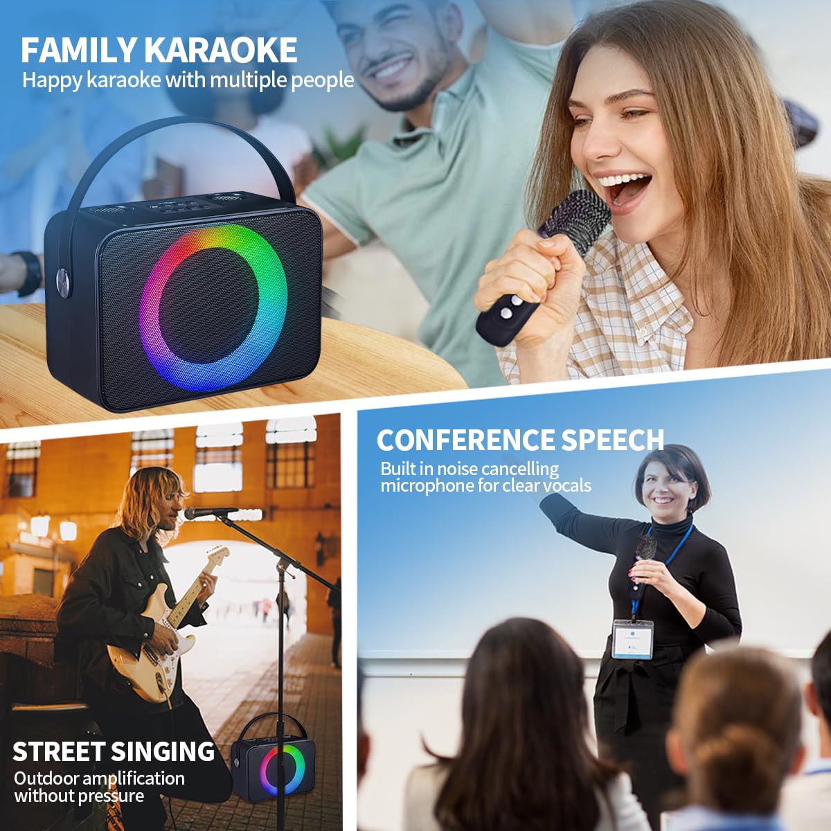 RGB Tragbarer Karaoke-Lautsprecher mit dualen drahtlosen Mikrofonen, USB/TF-Karte kompatibel, 10 W HD-Sound, tragbarer Tragegriff, großer Akku für Familientreffen/Karaoke/Outdoor-Aktivitäten (Schwarz)