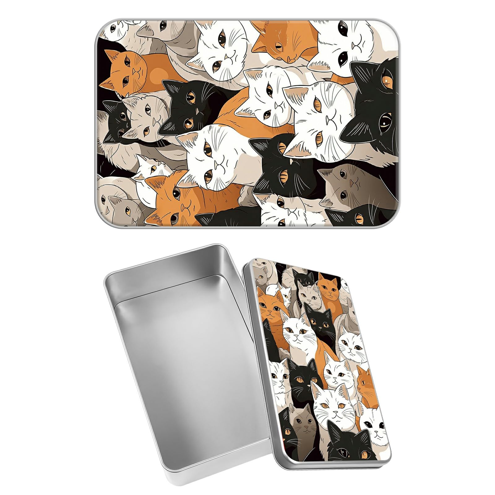 Rectangular Metal Tin Box with Removable Lid, Cartoon Cats Decorative Printed Metal Storage Container for Jewelry Pen Eraser Pill Candy Craft 4.9 x 3.54 x 1.57 inch– Single Pack