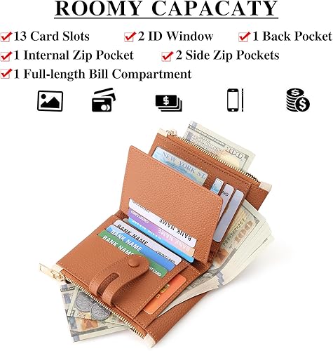 Miniatura 2 de FALAN MULE Cartera pequeña de cuero para mujer, con bloqueo RFID, tarjetero plegable con bolsillos dobles con cremallera, Blanco y marrón, Compacto