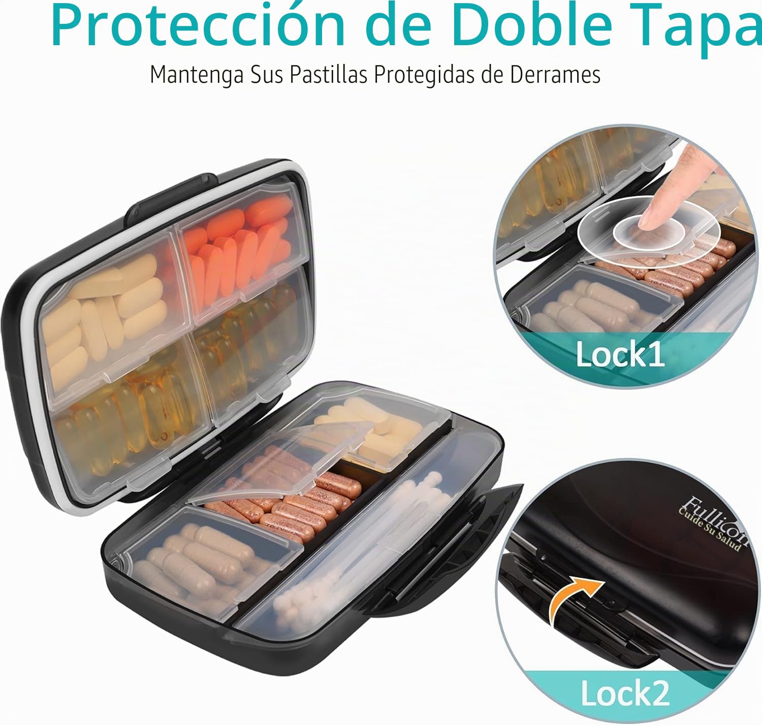 Fullicon Organizador de píldoras de viaje organizador de medicamentos portátil grande 8 compartimentos caja de pastillas estuche de viaje con vitaminas soporte hermético y a prueba de humedad (negro)