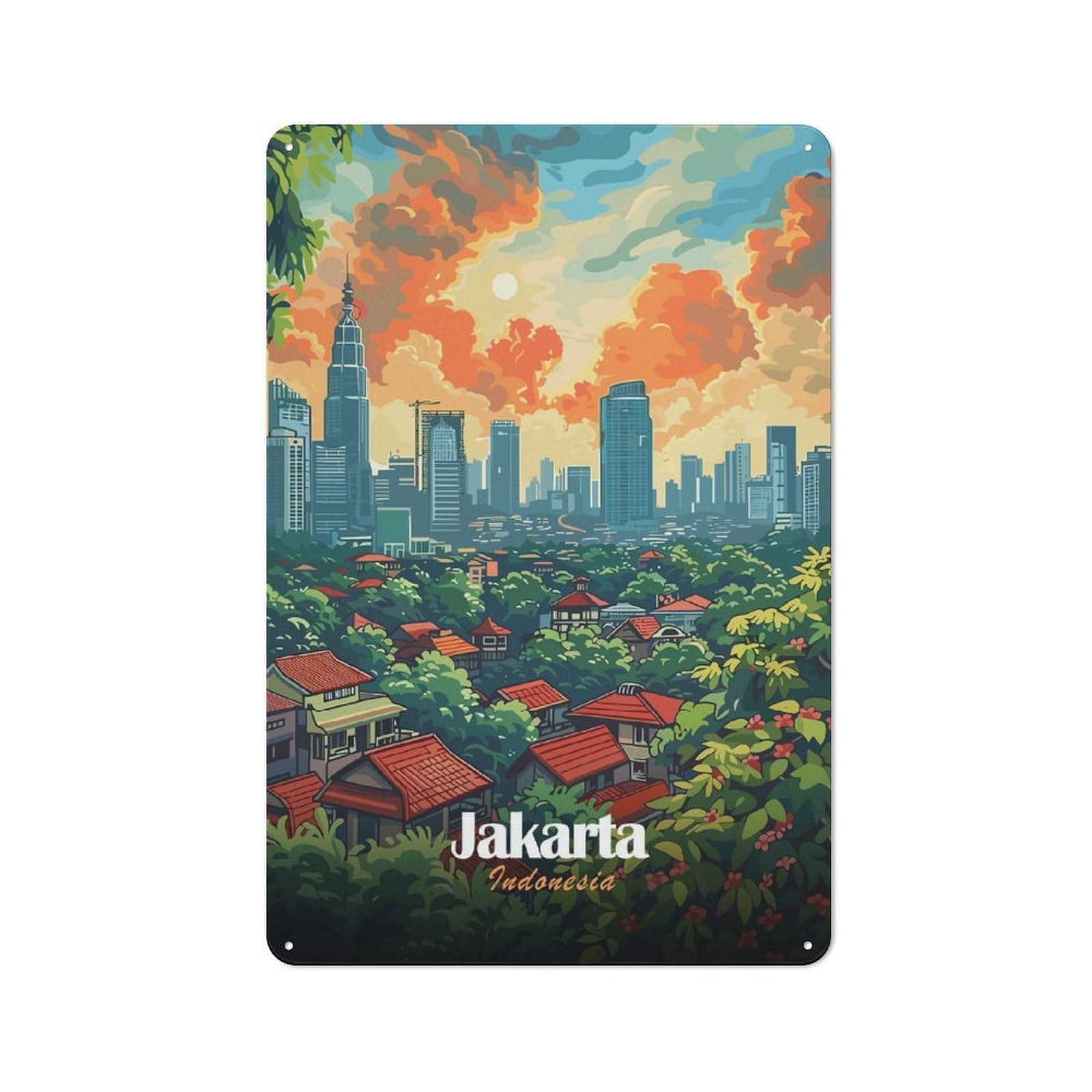 Junmoney Jakarta, Indonesia Cityscape Illustration Vintage Tin Sign 30X20cm, Nostalgic Retro Room Decor For Bedroom, Office, Home Bar Or Dining Room