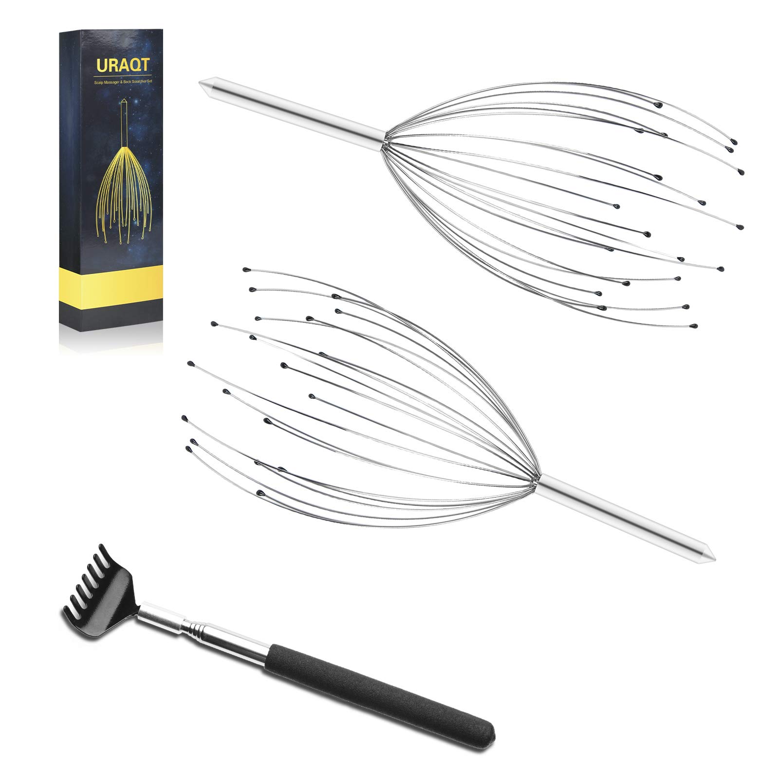 URAQT Kit de Masajeador de Cabeza y Espalda, 2+1 pack Masajeador de Cuero Cabelludo con Rascadores Telescópicos Espalda, Premium Araña de Masaje con 20 dedos para Aliviar el Estrés y Sentirse Relajado