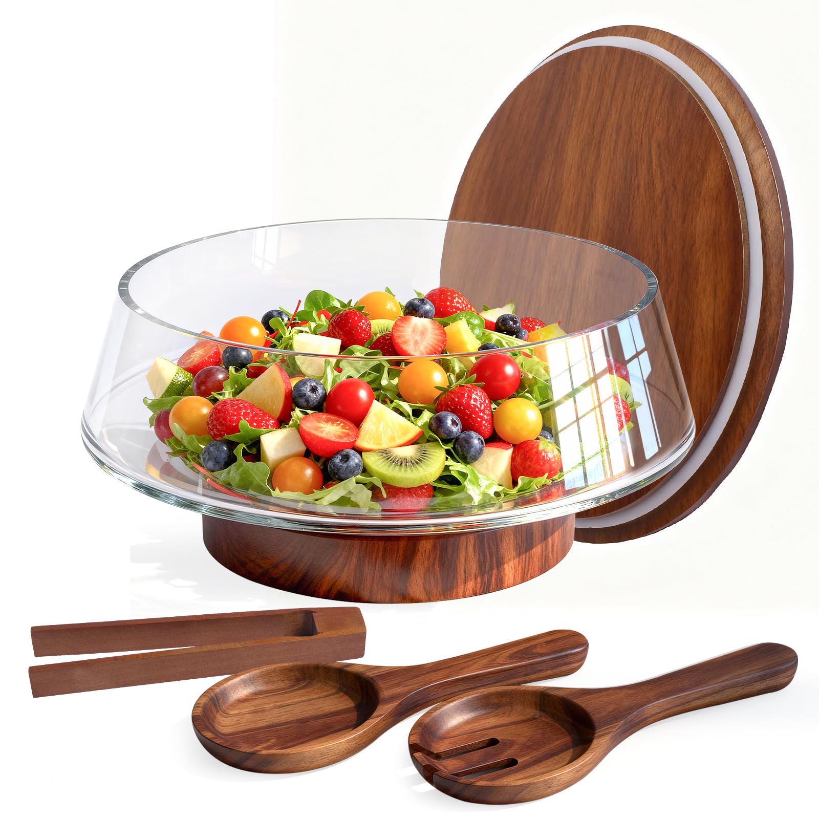 Airsent Extra Large Glass Salad Bowl with Lid Set, 5-Qt (160 fl oz) Mixing/Serving Bowl with Wood Base & Salad Servers, Trifle Bowl for Kitchen, Parties & Christmas