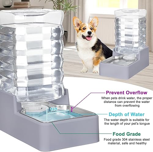 Miniatura 5 de Sfozstra Dispensador automático de agua para perros bebedero gris claro de gran gravedad de 8L con cuenco de acero inoxidable, 100% libre de BPA,