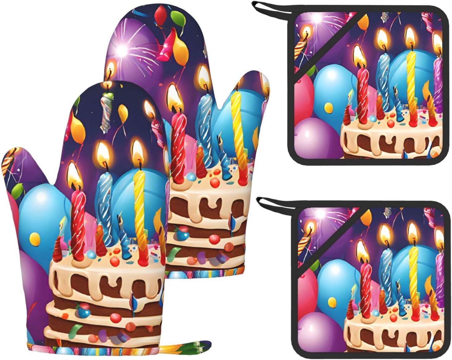 Happy Birthday 4pcs Oven Mitts and Pot Holders Sets for Kitchen, Silicone Oven Gloves Non-Slip Potholders Hot Pads for Baking Cooking