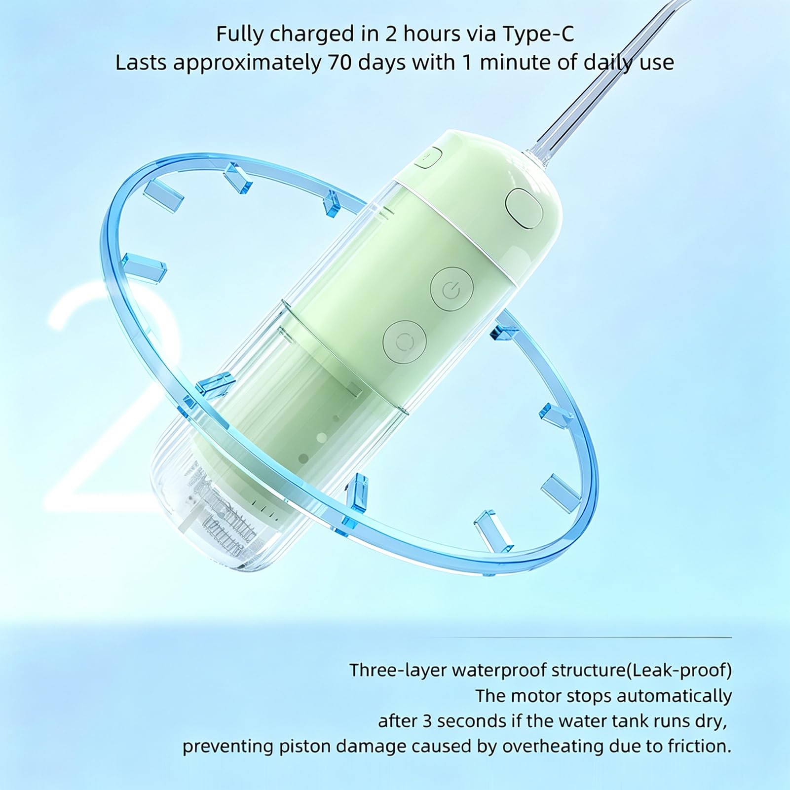 Dispositivo elettrico per filo interdentale, irrigatore orale portatile, serbatoio dell'acqua da 200 ml, durata della batteria 70 giorni, 4 modalità di pressione, lavabile IPX7, per casa e viaggi