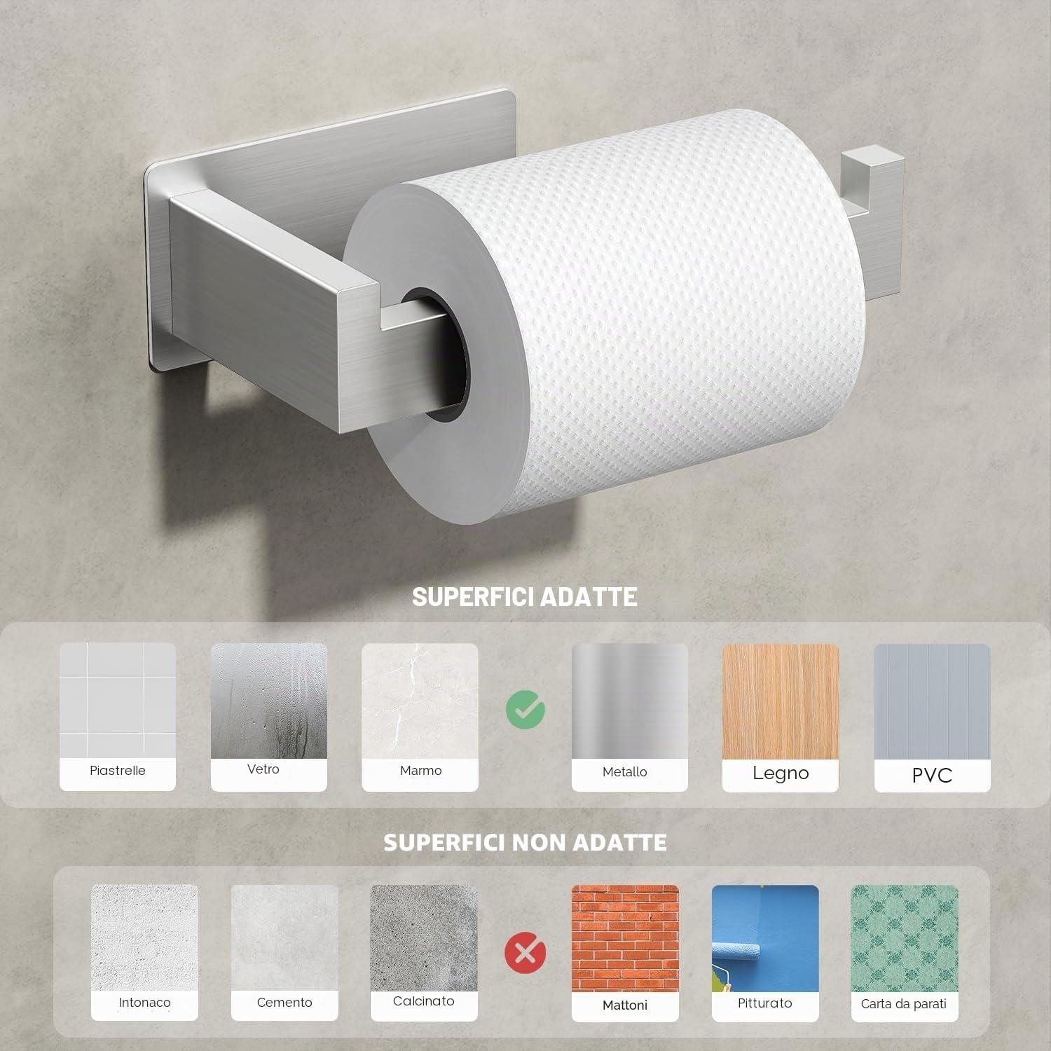 Auxmir Porta Carta Igienica 2 Pz Acciaio Inox 304, Portarotolo Carta Igienica Adesivo, Antiruggine, Senza Foratura per Bagno, Toilette, Argento
