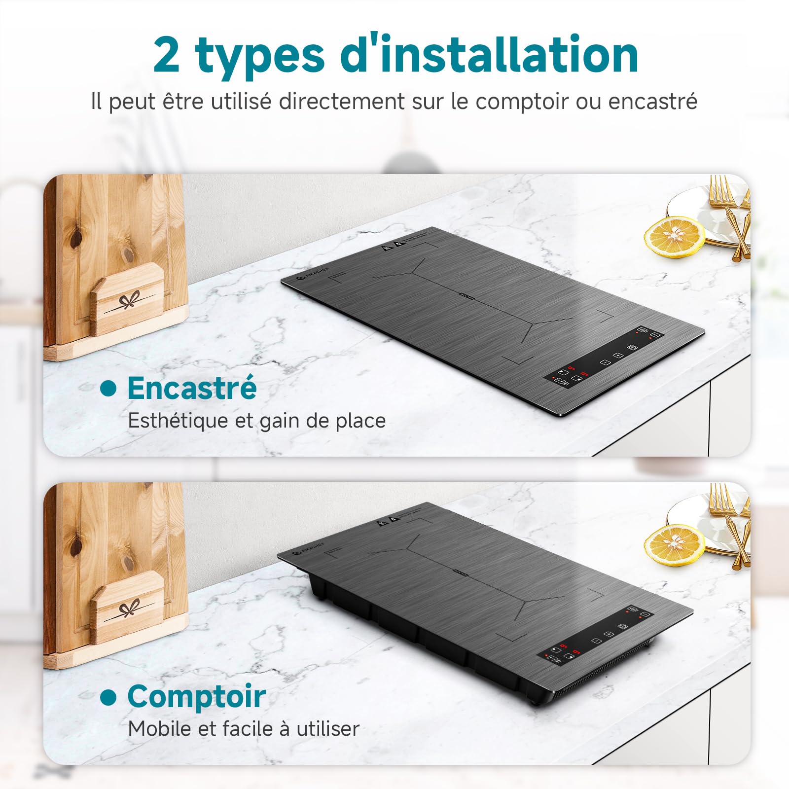 AMZCHEF Plaque à induction 2 feux 3300W avec zones flexibles, verrouillage sécurité et minuterie