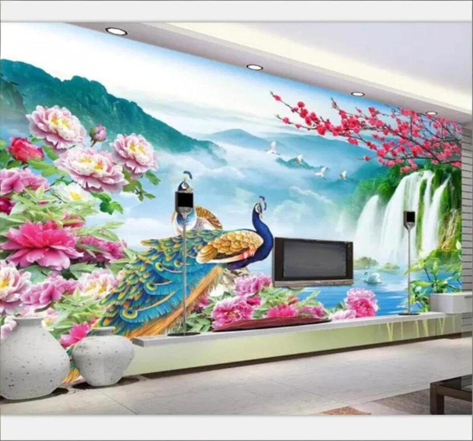 Beautiful Landscapes Waterfalls Peacocks Fairyland 3D Wallpaper Easy Install Feature Office Living Room Sofa Bedroom TV Background Wall Decoration-400cm×280cm