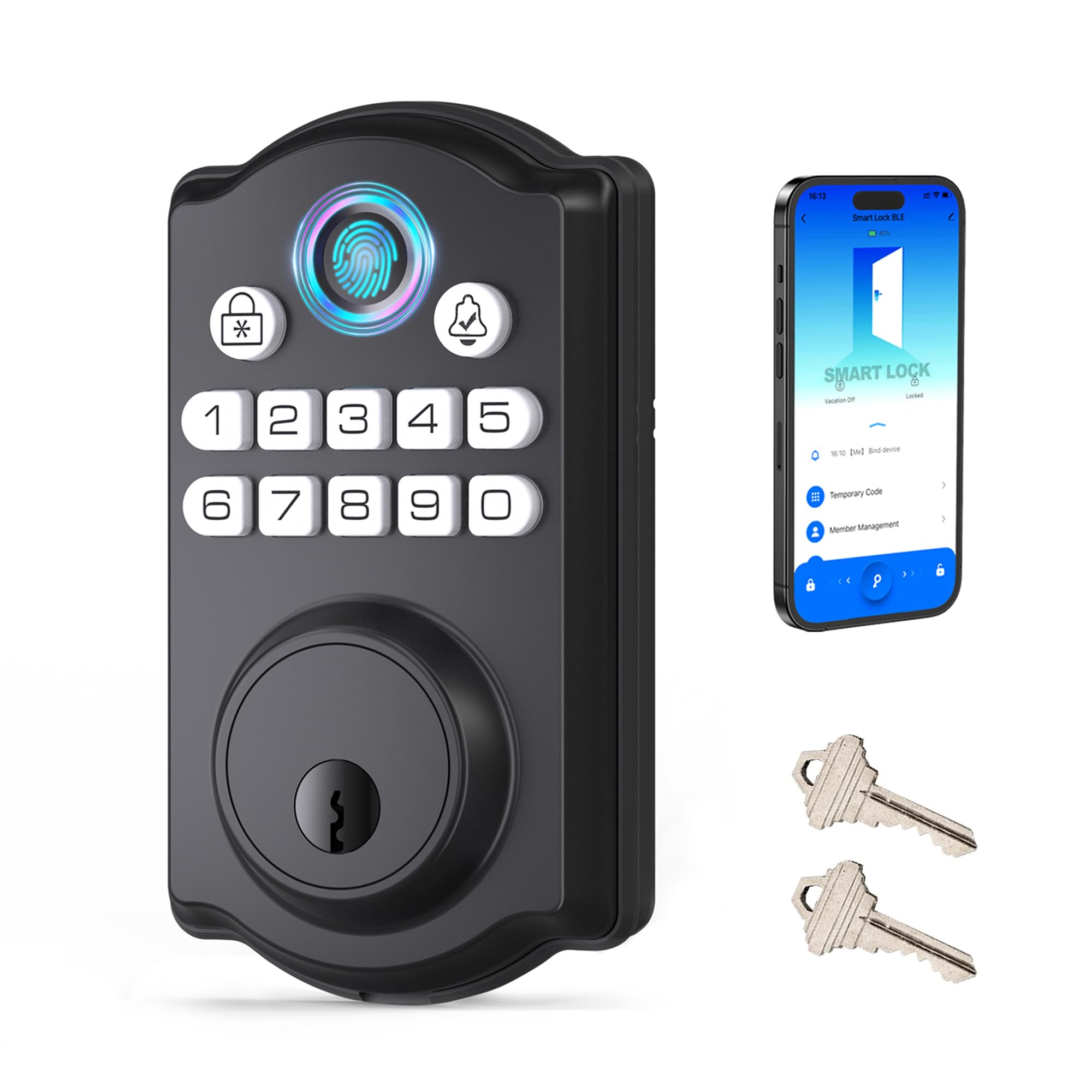 Keyless Entry Door Lock - Fingerprint Door Locks with App Control - Smart Deadbolt for Front Doors - Biometric Security, Auto-Lock&One-Touch-Lock, IP54 Waterproof, Easy Install
