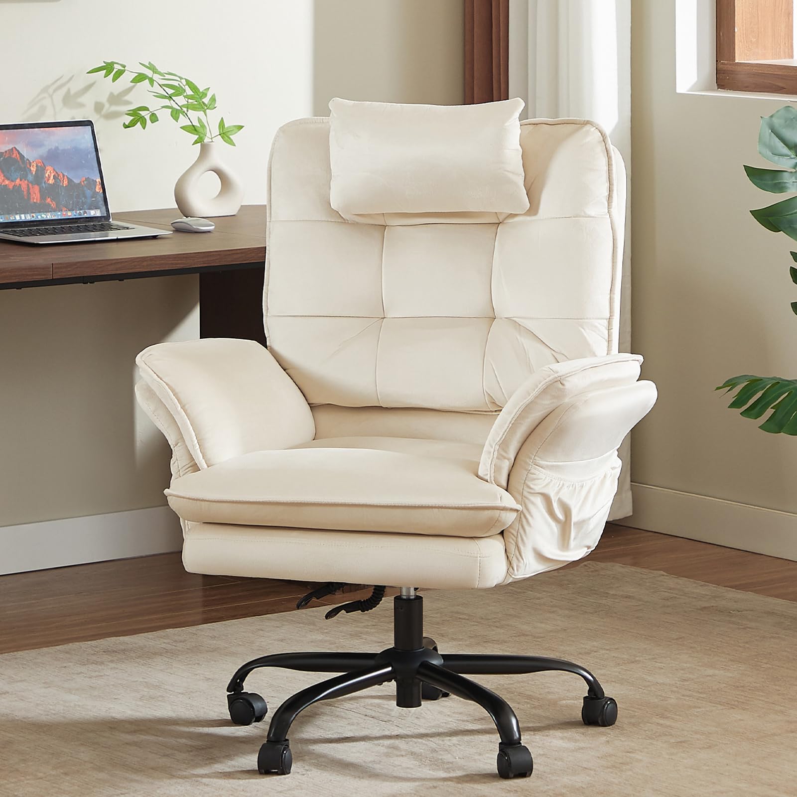 bestier criss cross chair with flip armrests, big and tall office chair for cross legged sitting, reclining computer chair with side pockets & headrest - beige