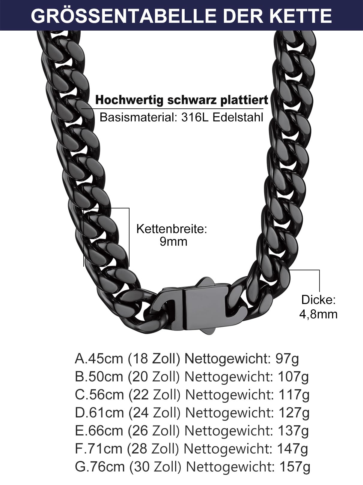 Bandmax Panzerkette Herren Kette Edelstahl Halskette 5/7/9/12MM breit Damen Kubanische Kette Silber/Gold/Schwarz Gliederkette Männer Hip Hop Kette Schmuck Auswählbare Kettenlänge 45-76CM