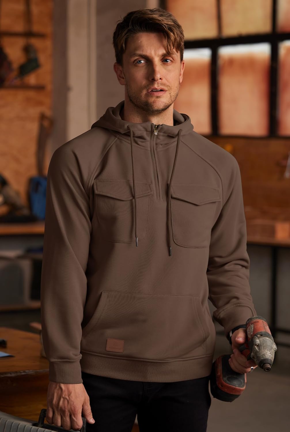 Men's Cargo Hoodie Quarter-Zip Midweight Casual Workwear Tactical Pullover with Pockets (S-3XL) - Image 4