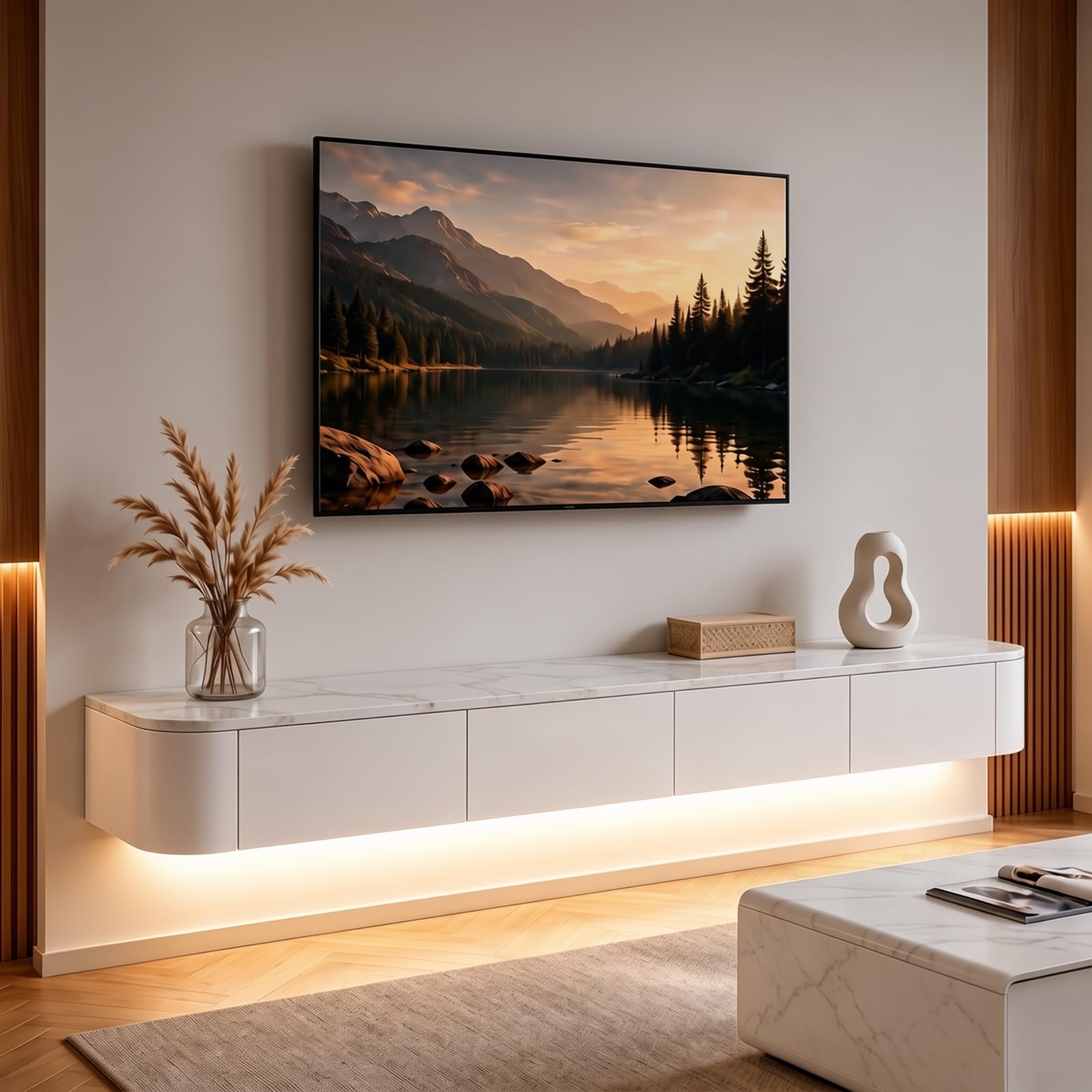 Mueble TV Suspendido Moderna con luz LED | Consola de Medios de Entretenimiento Montada en la Pared | Banco de TV con Gran Capacidad de Almacenamiento para Sala de Estar y Oficina (Textura, 180cm)