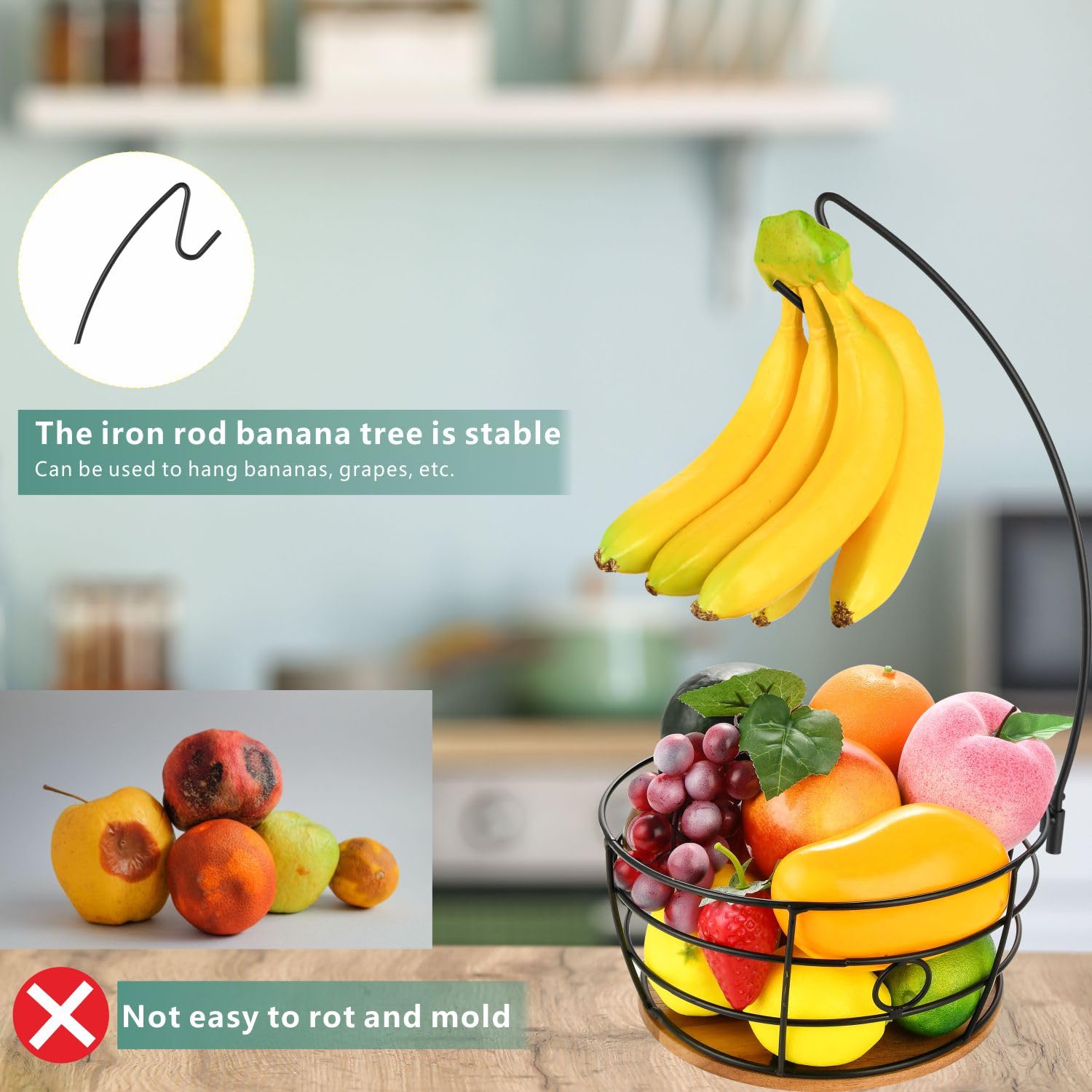 DIYZON Fruit Basket with Banana Hanger, Metal Kitchen Countertop Fruit, Vegetable Bowl, Multifunctional Tiered Storage - Image 3