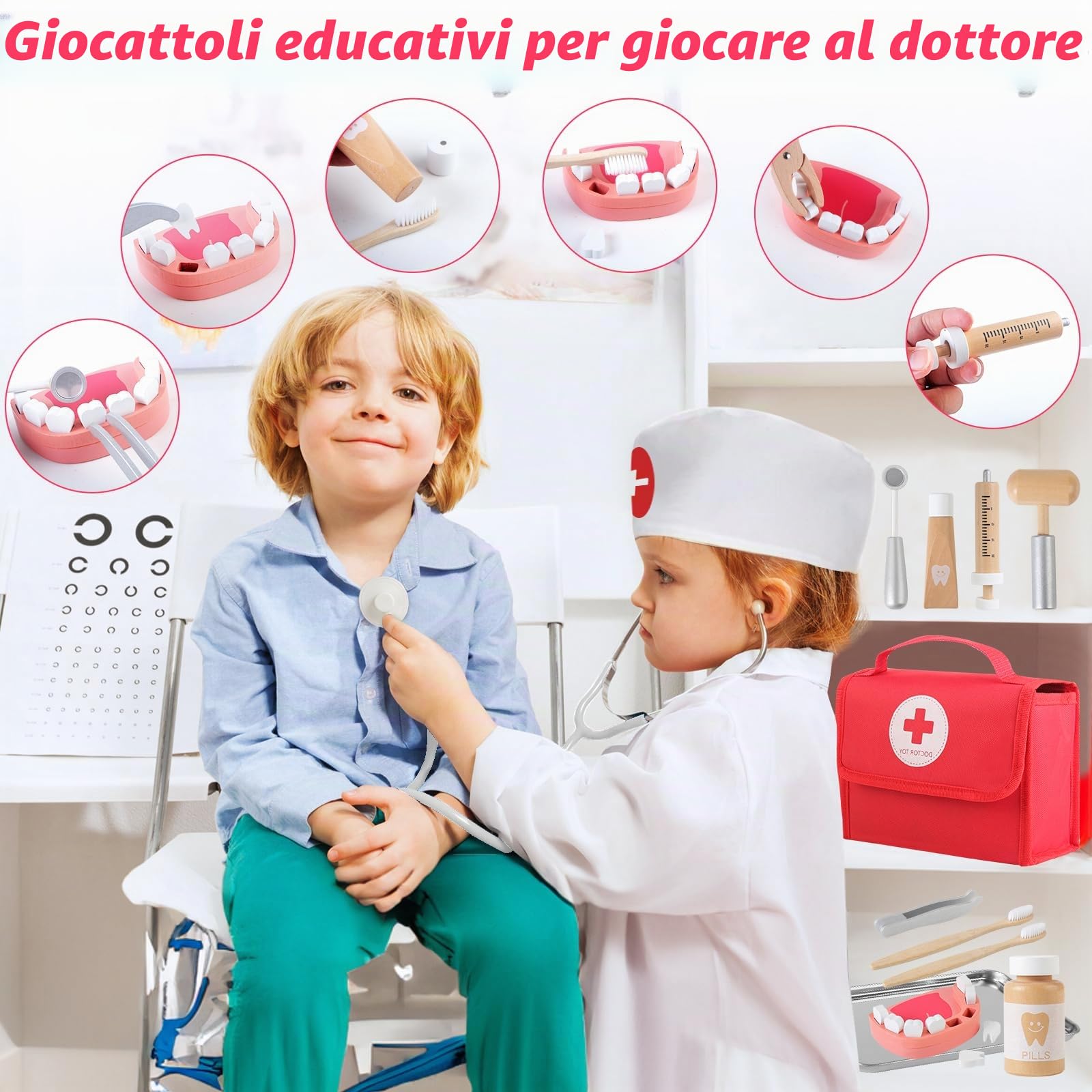 Mardo Valigetta Dottore Bambini Legno con vero Stetoscopio Borsa Dottore Gioco Dottoressa Bambina Attrezzo Medico Giocattolo Bambina a Partire dai 3 4 5 6 Anni