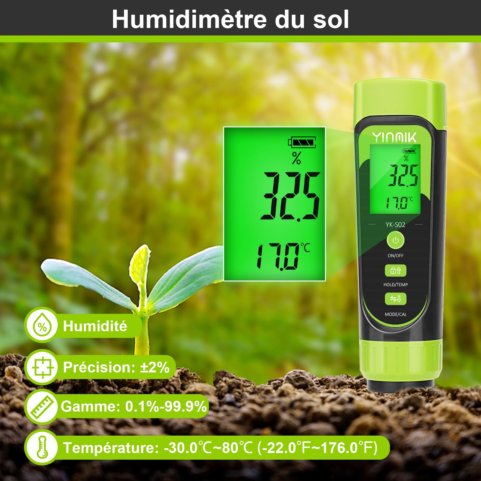 YINMIK Testeur Humidité de Sol Numérique, Humidimètre pour Plantes | Testeur EC et Humidité du Sol, Mesure de la Conductivité de Solution Nutritive Hydroponique, Capteur pour Jardin, Plantes