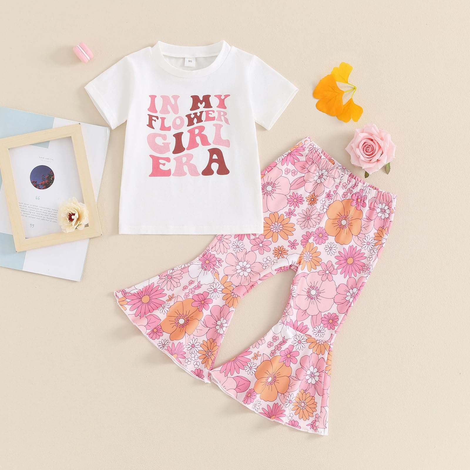 YOKJZJD Toddler Baby Girl Outfits In My Flower Girl Era Floral Short Sleeve T-Shirt Tops Bell Bottom Pants Set Summer Clothes (Pink, 2-3 Years)