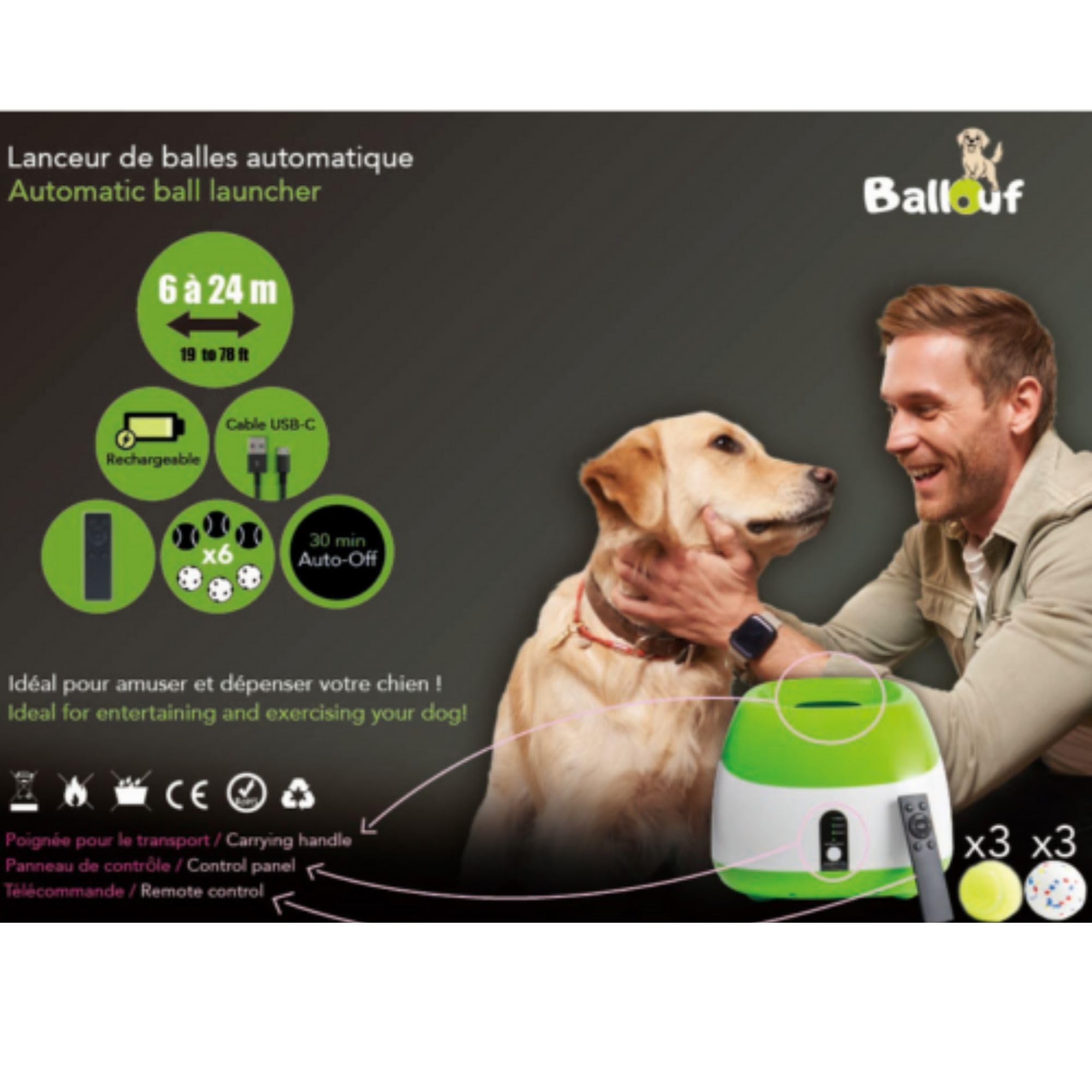 Climsom Lanceur de Balles Automatique Reconditionné pour Chiens Ballouf Deluxe – Inclus 6 balles – 6 Heures d'Autonomie – Télécommande Incluse – 3 Réglages de Distance