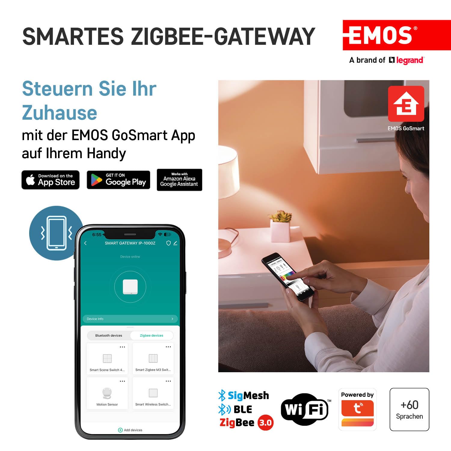 EMOS GoSmart ZigBee Gateway IP-1000Z Smart Home Hub Compatible con Tuya Smart Life Soporte Bluetooth 2.4GHz WiFi 6x6cm Blanco