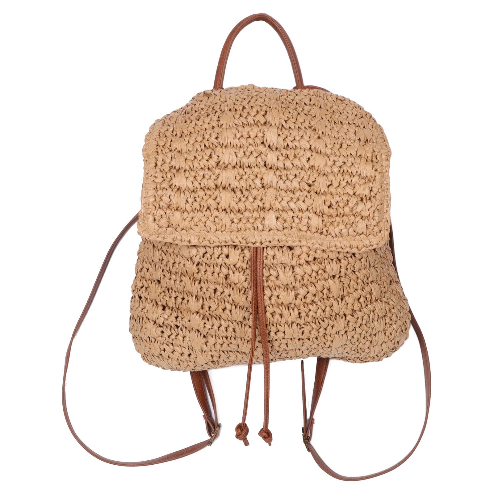 PLAFOPE Mochila Boho para Mujer de Paja Tejida con Gran Capacidad y Cierre de Cordón, Bolso de Playa Elegante para Salidas Casuales en Verano