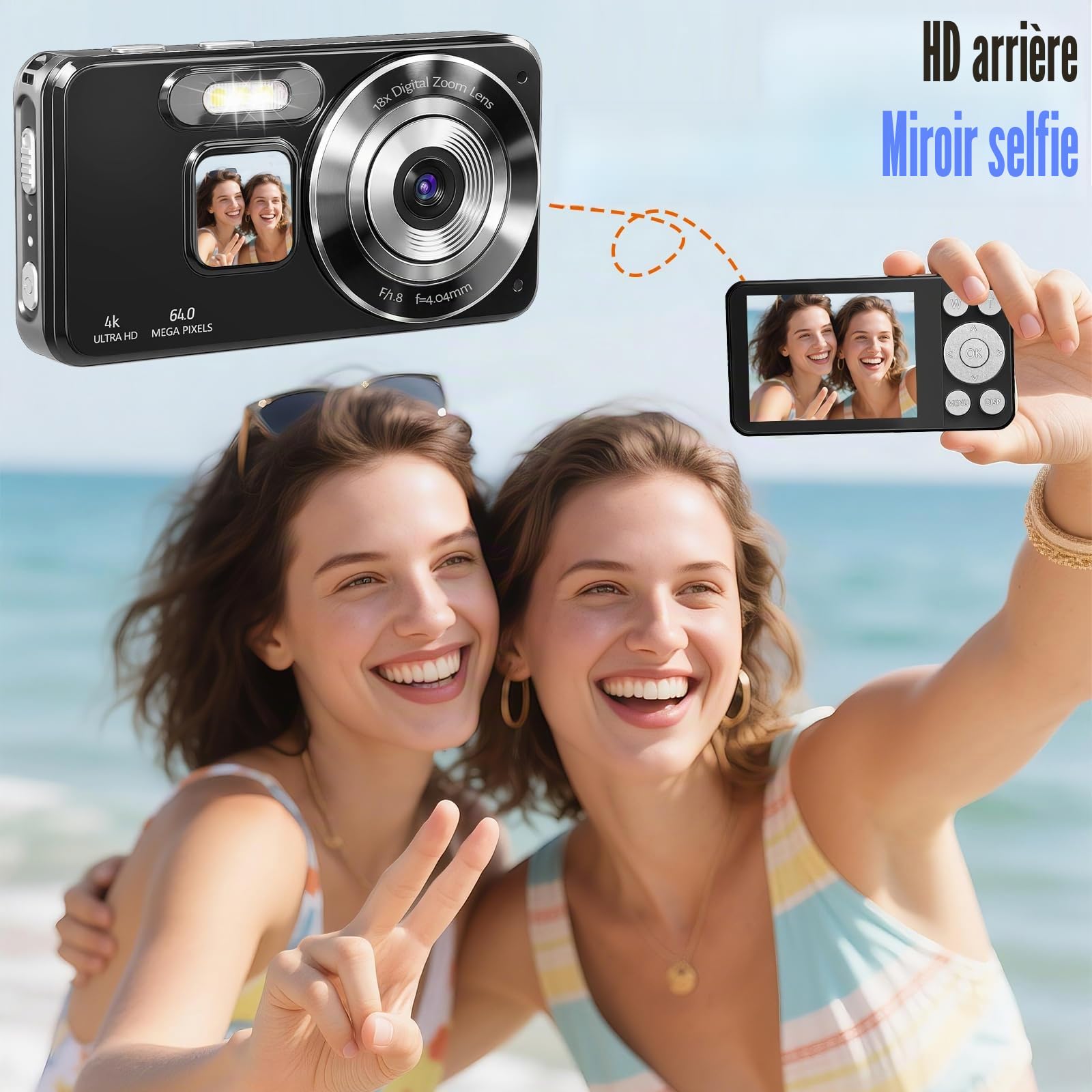 OBEST Appareil photo numérique 4K 64 Go, 64 MP, autofocus, avec écran LCD 2,8", zoom numérique 18x, mini appareil photo portable 2000 mAh pour adolescents, adultes et débutants