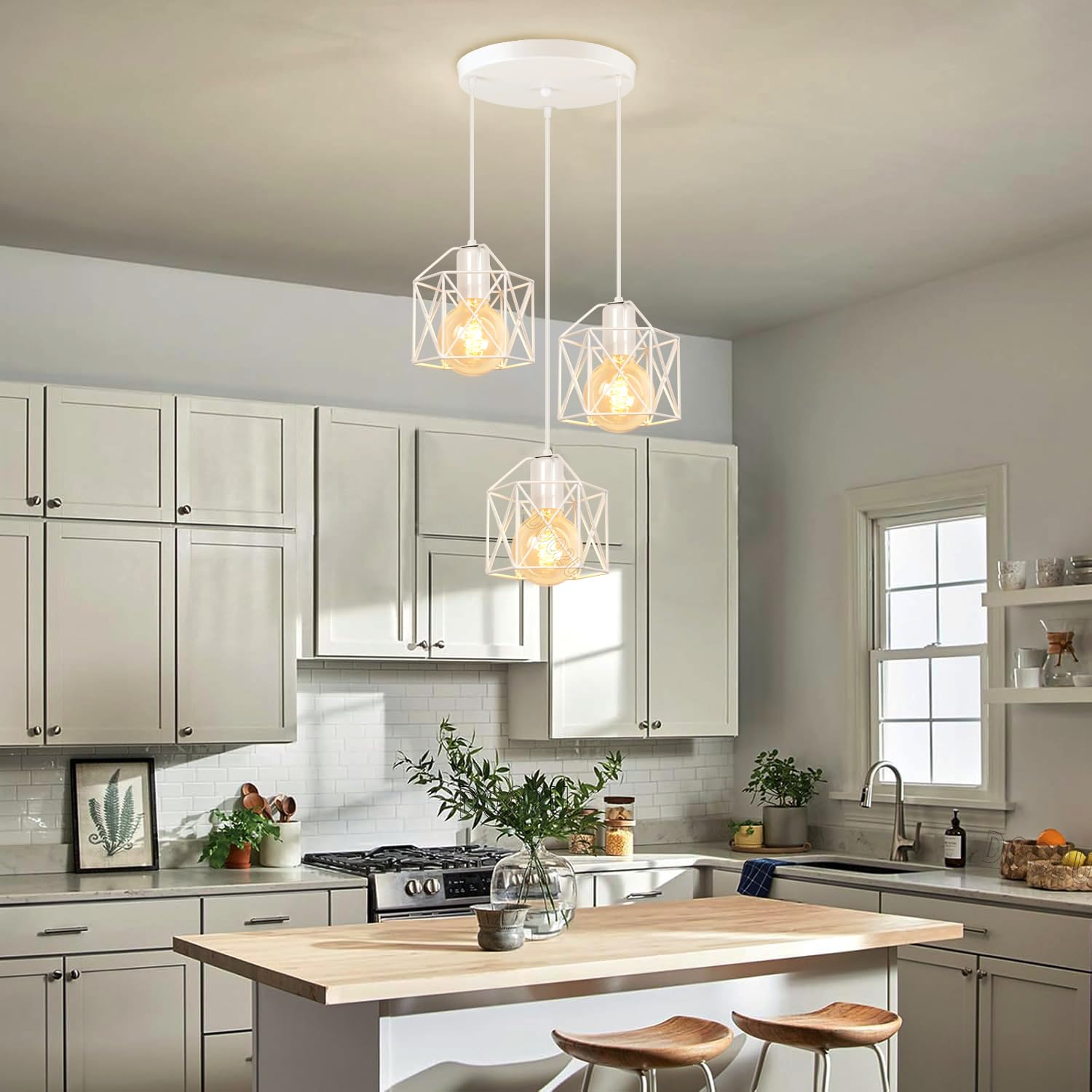 E27 Lampadario a Sospensione Vintage 3 Luci Industriale Plafoniera Bianco Retro in Metallo gabbia Lampada da soffitto per Cucina Salotto (Bianco -Con Una Base)
