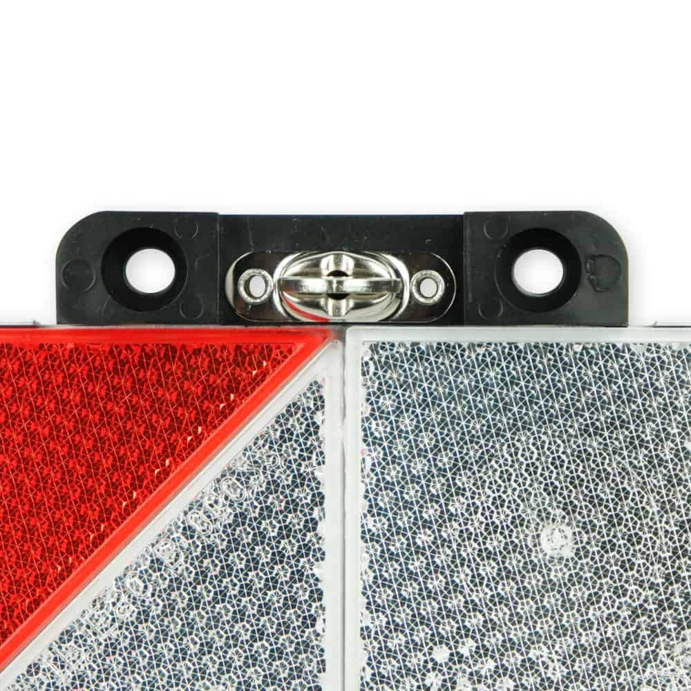 Kleine Park-Warntafel (285 mm x 285 mm) mit 8 rot-weißen Prismenrückstrahlern - auf Aluminium genietet - rechts- oder linksweisend - horizontal klappbar mit Drehwirbel zum Verschließen (linksweisend)