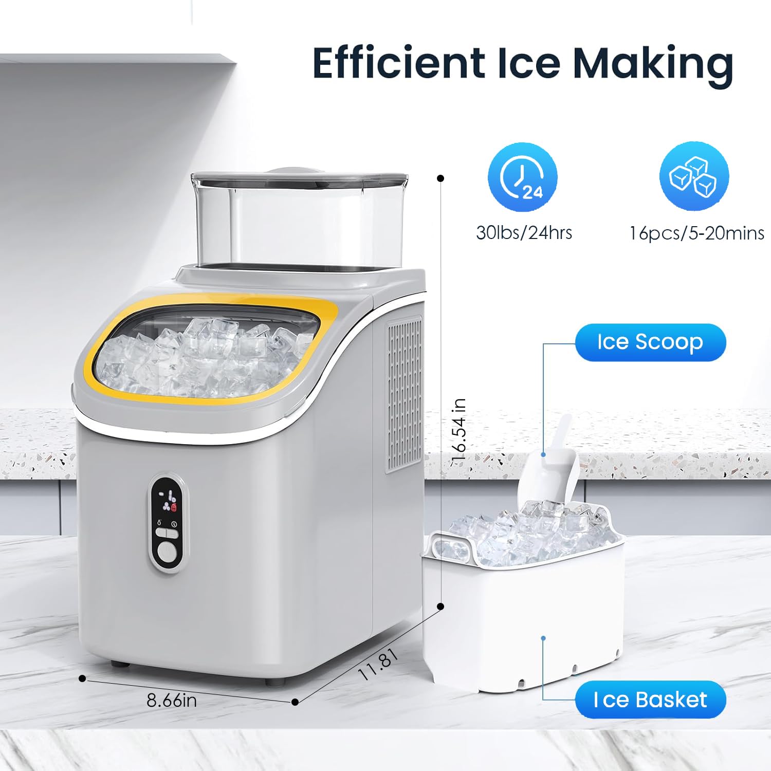 Antarctic Star Countertop Ice Maker Machine, 30lbs/24hrs, 3 Thickness Ice Cubes, 16pcs/13 Mins,2 Ways To Add Water, Self-Cleaning Ice Cube Maker W/Basket And Scoop For Home/Kitchen/Camping/RV (Grey) on Fridge.com - View 2