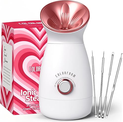 Colorfarm Vaporizador facial Nano Ionic: vaporizador facial grande 3 en 1, limpieza profunda, desatasca los poros, humidificador, toalla, 1 oro rosa