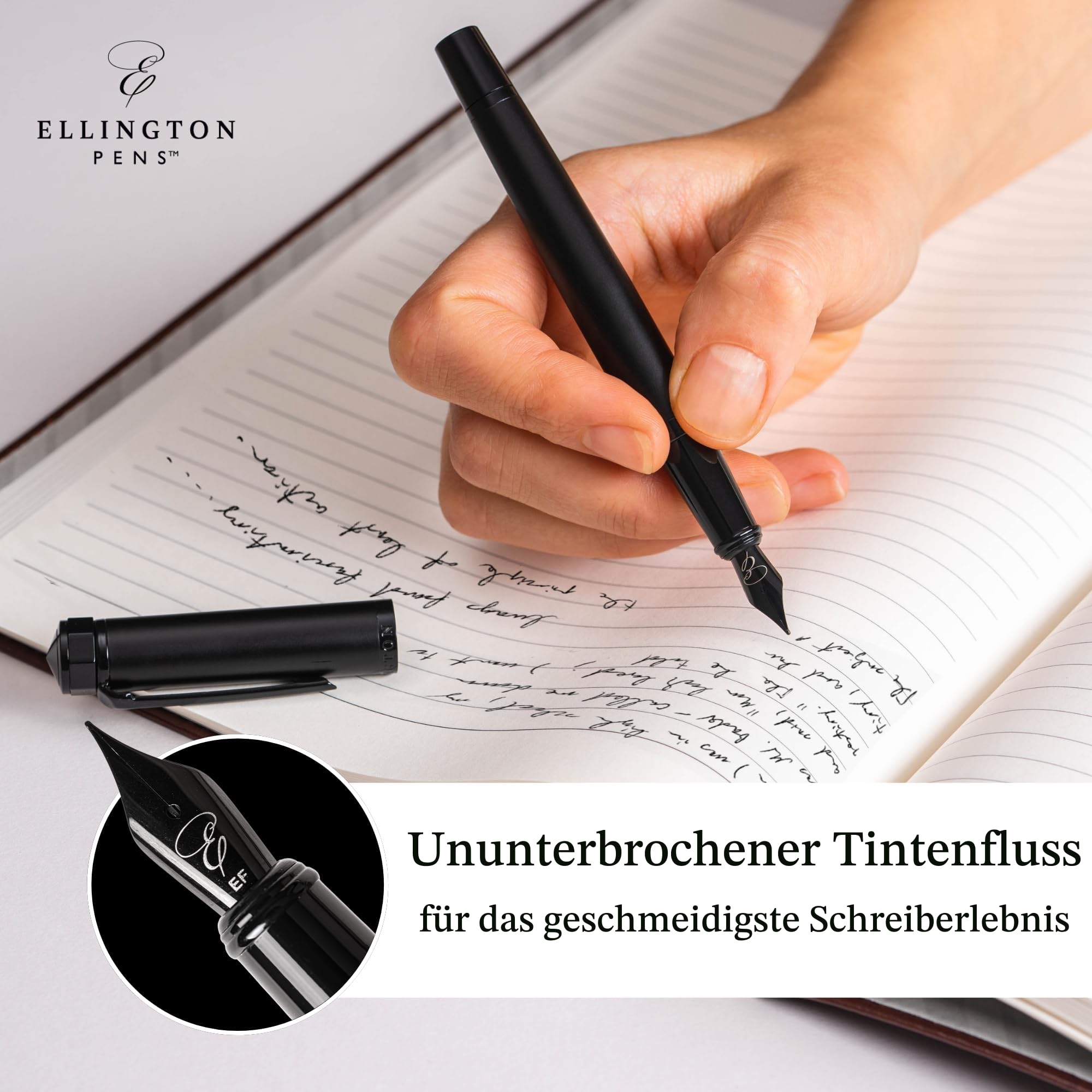 Ellington Pens Luxus Füllfederhalter Set - Füllfederhalter zum Schreiben - Glatte Feder - Inklusive nachfüllbarem Tintenkonverter, 3 Tintenpatronen [2 Schwarz & 1 Blau], Geschenkbox - Elegante