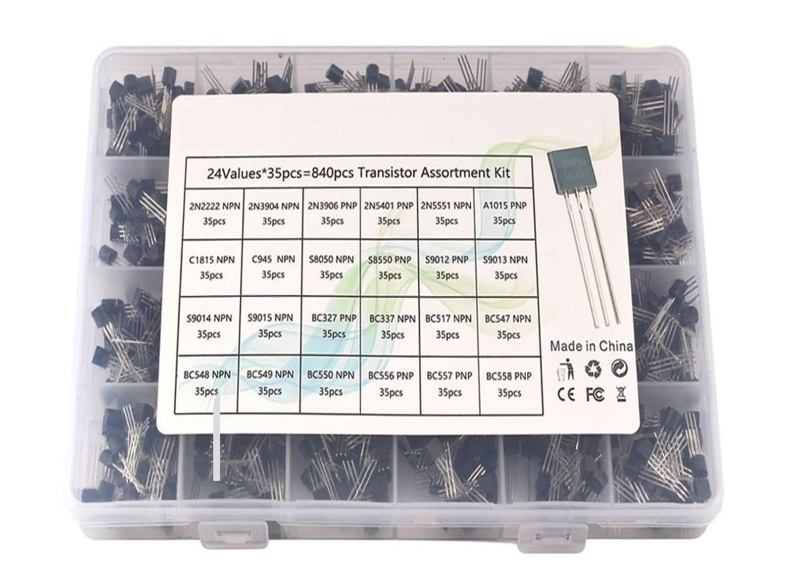 Kit surtido de transistores TO-92 de 200 a 900 piezas, BC547, BC327, BC337, 2N2222, 3904, 3906, C945, transistores PNP/NPN, kit electrónico.(18Values-900pcs)