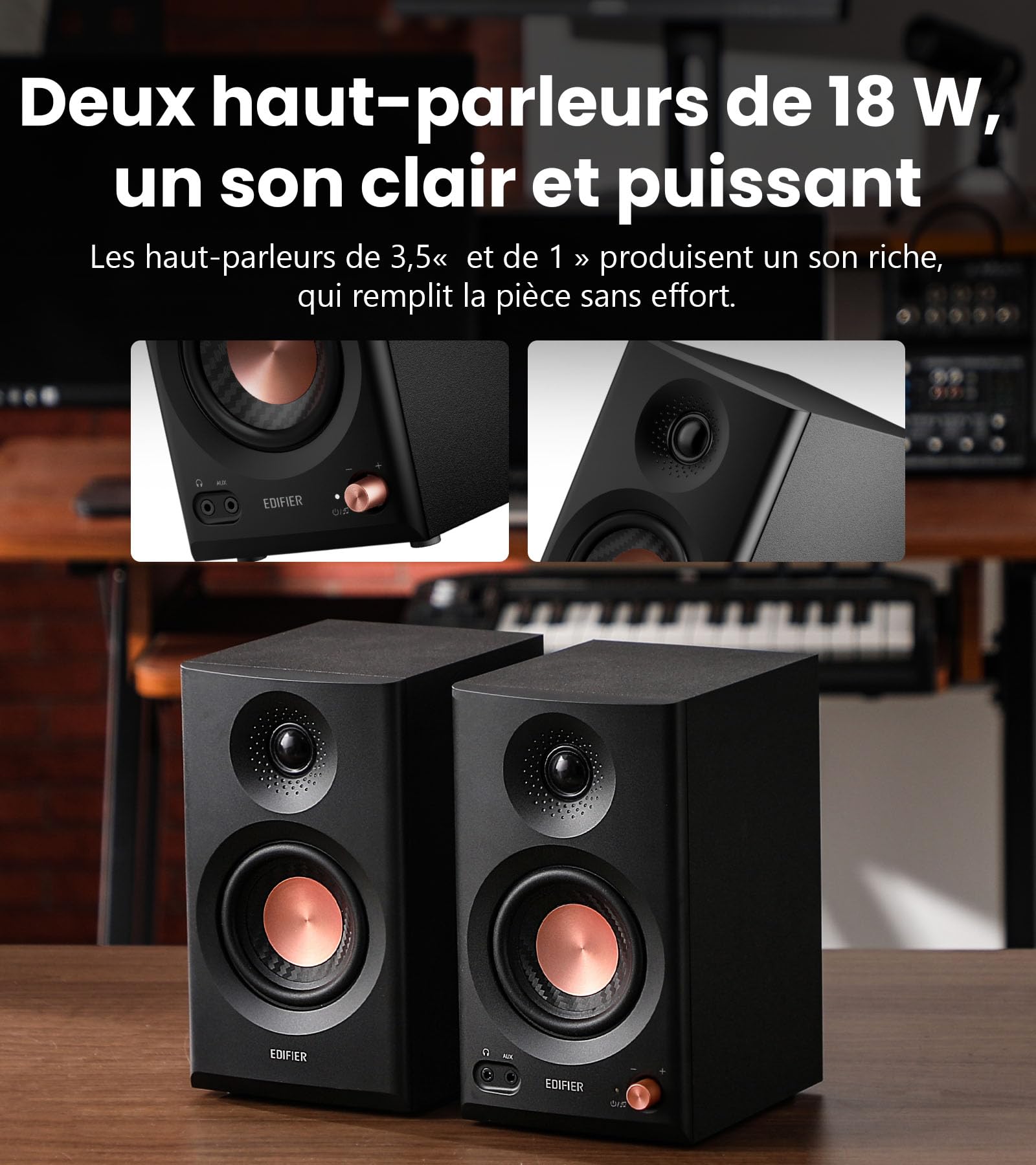 Edifier MR3 - Haut Parleurs de Studio Compacts 2.0, Hi-Res Audio, Bluetooth V5.4, Contrôles physiques, RCA, AUX, Application Mobile, 2x18W, Noir