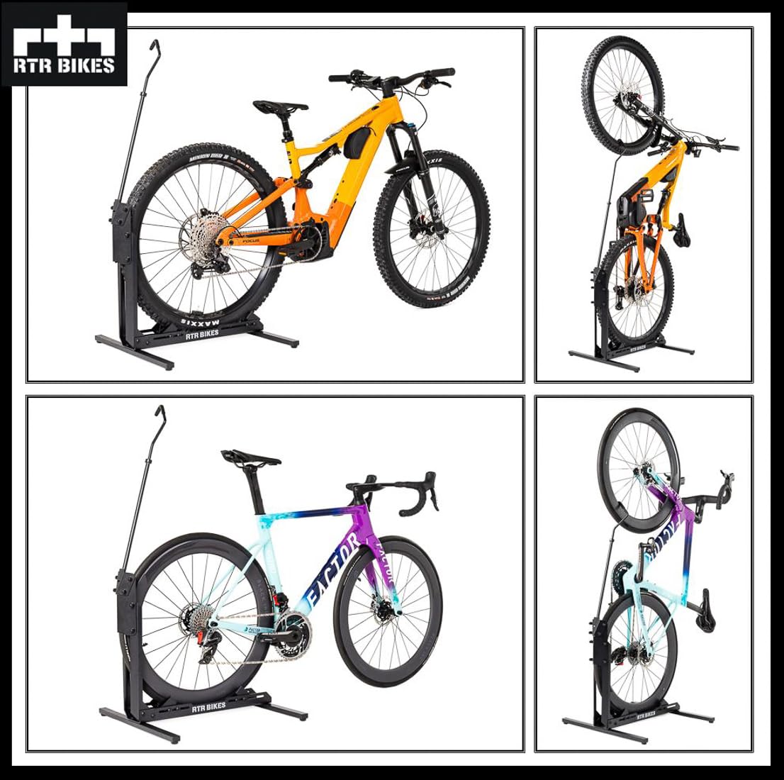 RTR BIKES Brutus Up Cavalletto Bici Verticale e Orizzontale – Supporto Pavimento Salvaspazio per E-Bike e MTB fino a 30kg – Ruote 24-29" e Gomme 3,5" – Made in EU