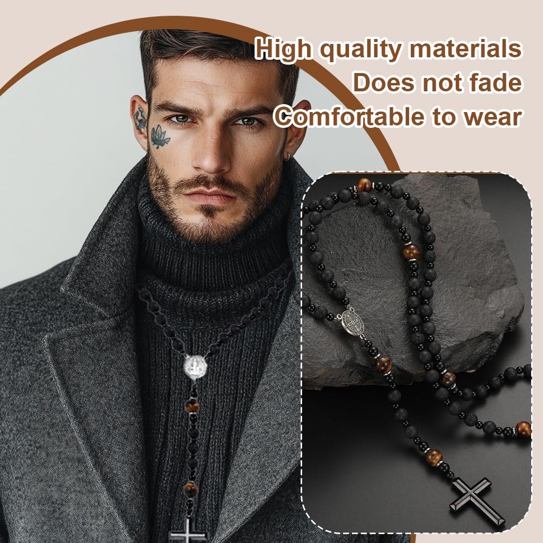 Rosario cattolico con borsa di flanella, collana uomo donna, pietra vulcanica nera naturale, medaglia, Nero