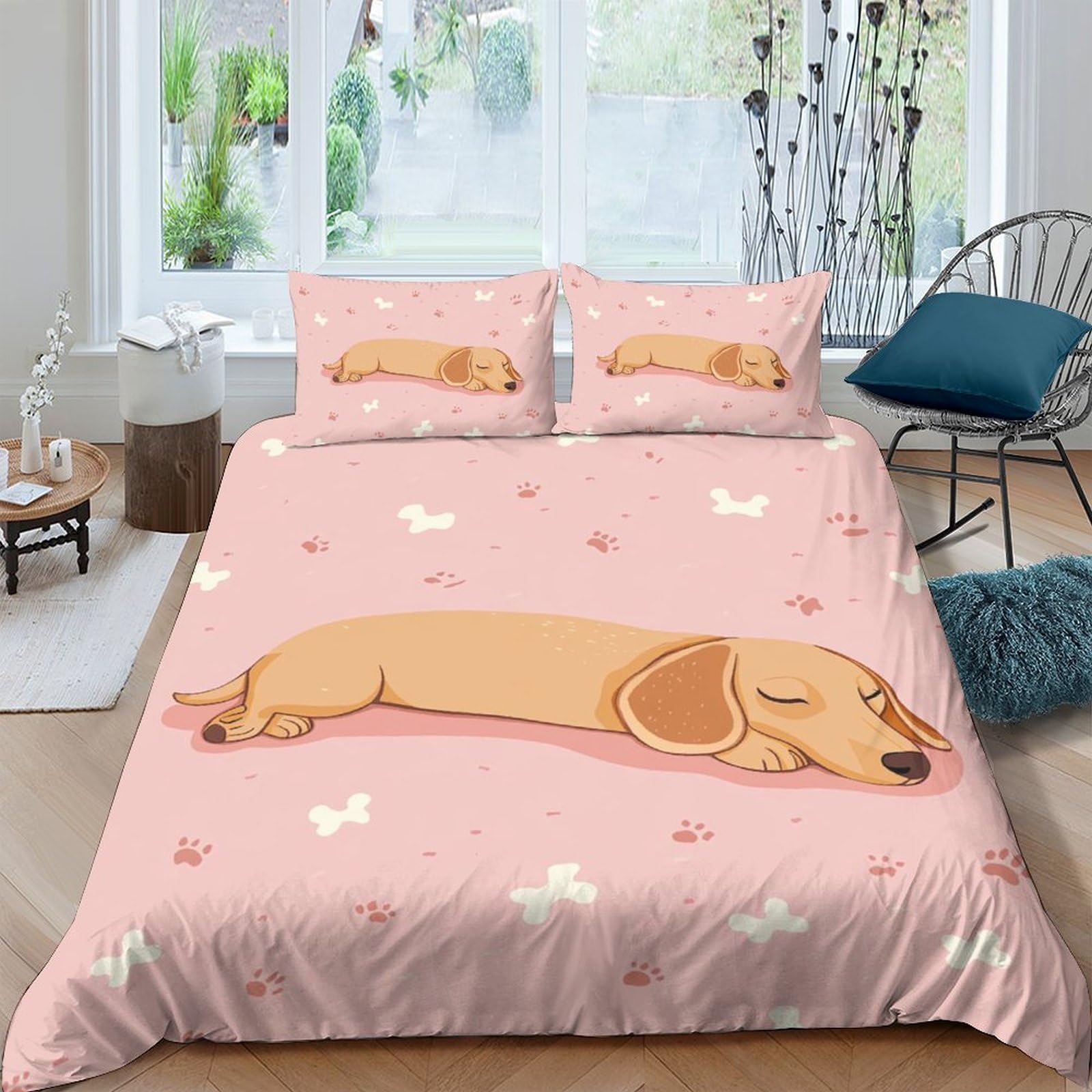 Ctjqhvkz Style-1 3D Printed Sleeping Dachshund Fitted Sheet Microfiber Soft Pink Dog Bed Cover For Bedroom Dorm Mattress Protection Decor Single（135X200cm）