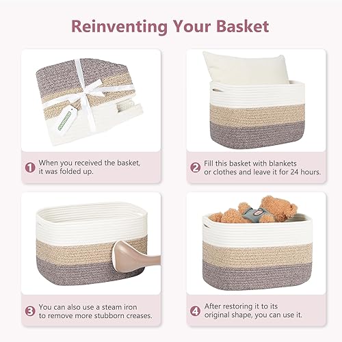 Miniatura 8 de Paquete de 2 cestas de almacenamiento de cuerda de algodón, 15 x 10 x 9 pulgadas, contenedores de almacenamiento plegables, canastas decorativas