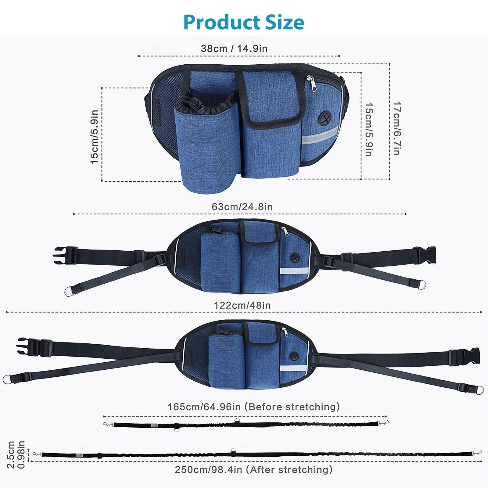 PETCUTE Laisse Mains Libres pour Chien, Ceinture Réglable de Laisse pour Chiens avec Sac de Ceinture,Couture Réfléchissante,Absorption de Choc, Idéal pour la Promenade et Le Jogging