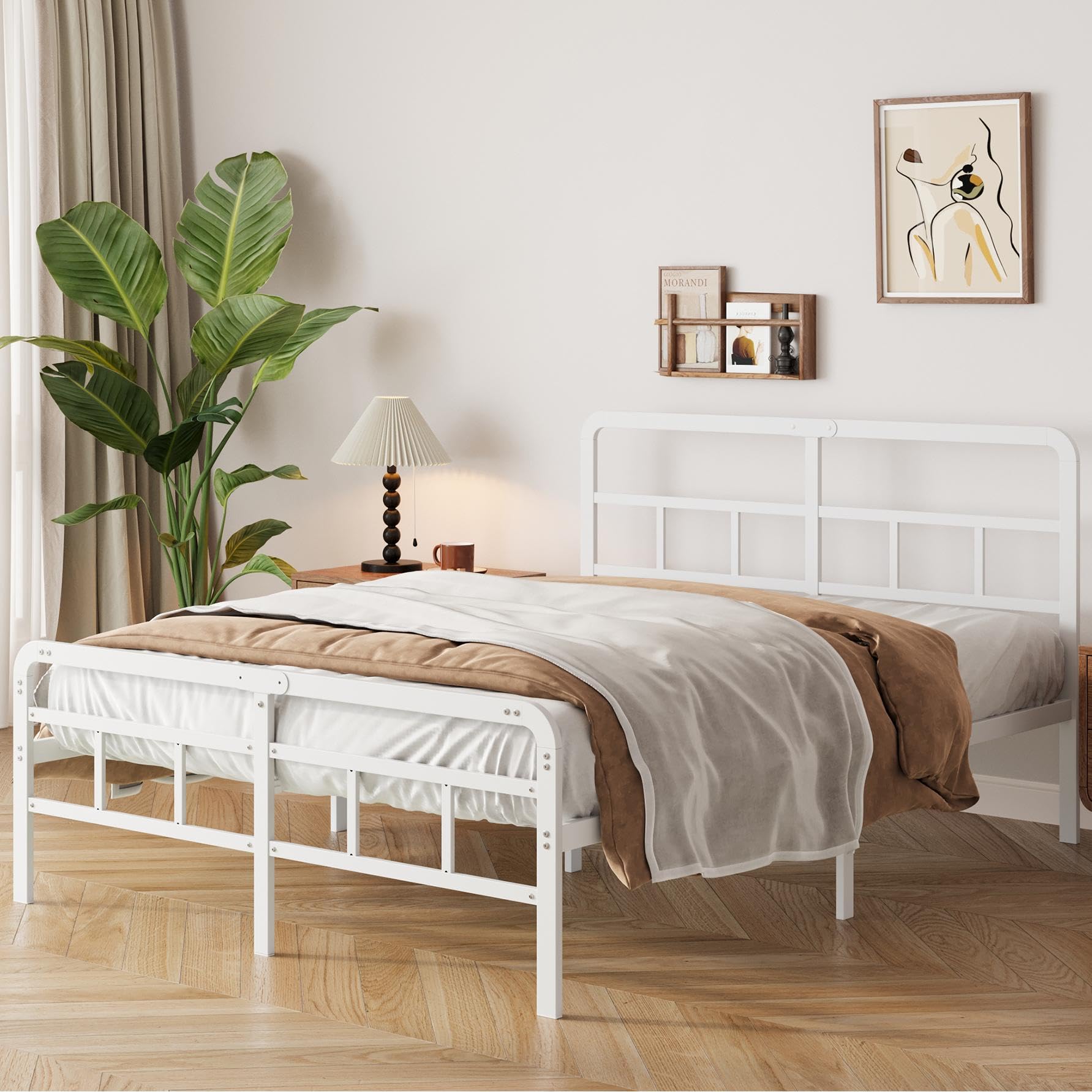 Yicensen Letto Matrimoniale 150x200 cm con Testiera e Pediera in Metallo, Rete a Doghe in Metallo Altezza 36cm, Giroletto Letto Stabile, Facile Montaggio, Silenzioso, Moderno Bianca