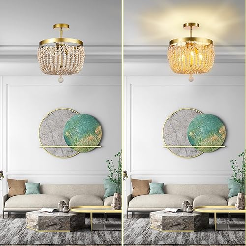 Miniatura 4 de Candelabro de 3 luces de madera clara con acabado de roble, semiempotrado, estilo bohemio, lámpara de techo rústica para cocina, cuarto de bebé,