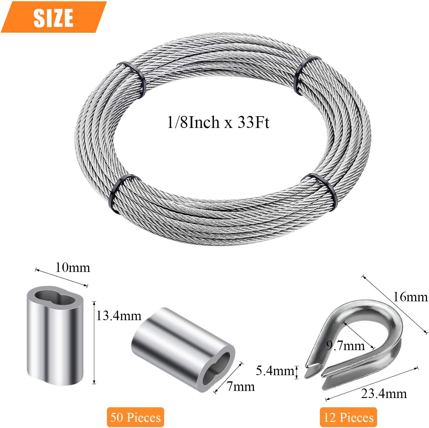 HELIFOUNER Cable Railing Kits, 1/8" Stainless Steel Cable 33Ft with 50 PCS Aluminum Crimping Sleeves and 12 PCS Stainless Steel Thimbles