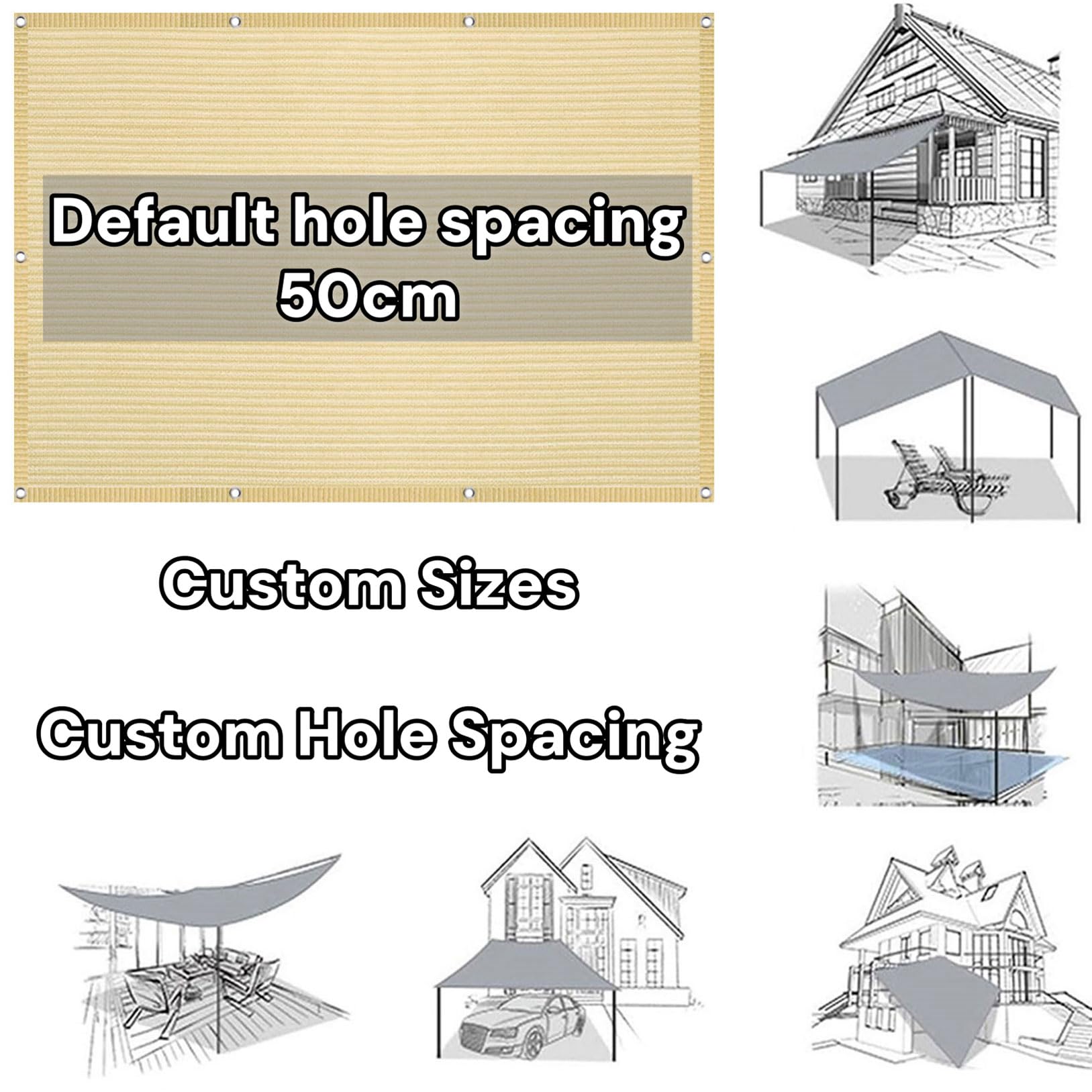 Voile d'ombrage Respirante 350 x 400 cm avec Œillets UV Protection Rectangulaire Toile Ombrage avec Œillets et Corde, Perméable à l'eau pour Patio, Jardin, Pergola, Serre, Couleur Crème