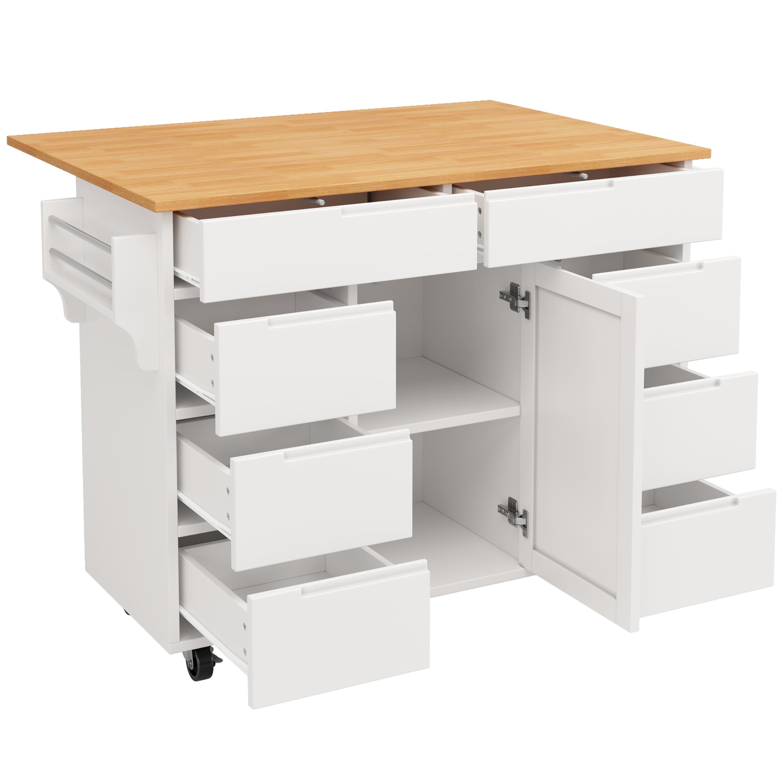 Idemon Moderna isla de cocina, armario de cocina, carrito de cocina extensible con ruedas y encimera, carrito de servir con estante para especias y 8 cajones, color blanco