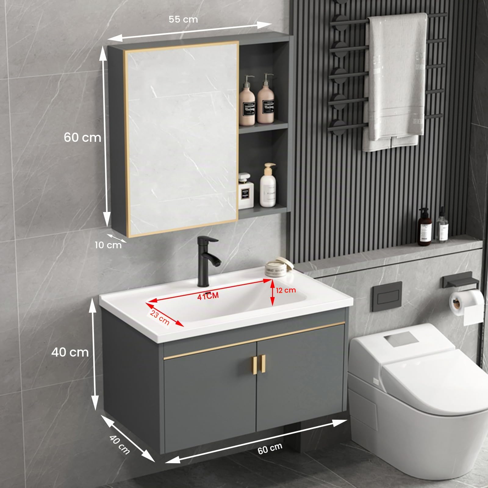 Set di lavabo da bagno, mobiletto da parete, lavabo, armadietto a specchio e lavello con lavabo in ceramica e rubinetto (grigio, 60 x 40 cm)