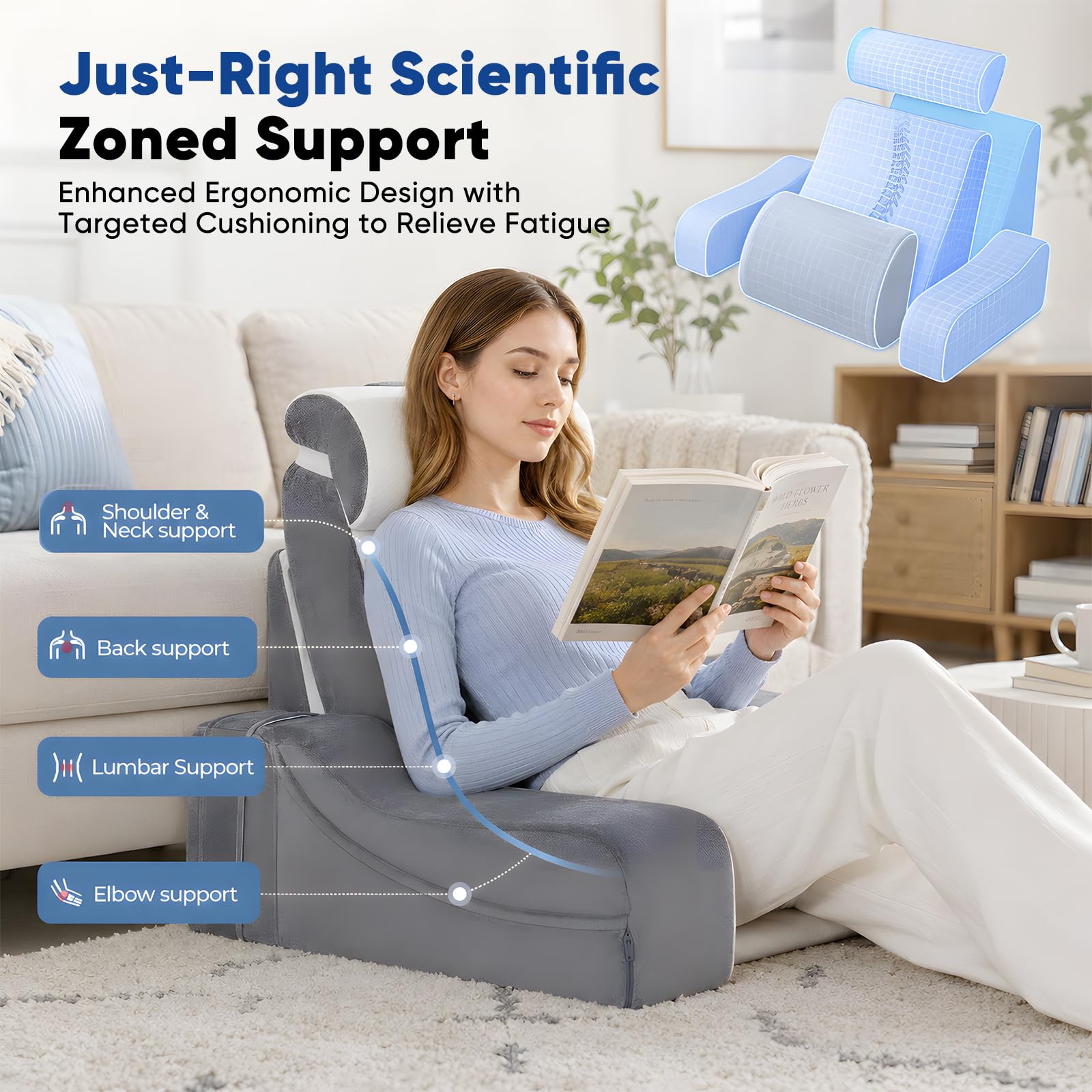 Lesekissen für Bett und Sofa, 30°/45°/ 90° Anpassung Rückenkissen mit Abnehmbarer Nackenrolle & Armlehnen, Bettkissen Rückenlehne, Rückenkissen Sofa zum Sitzen im Bett, Sofa, Lesen, Fernsehen