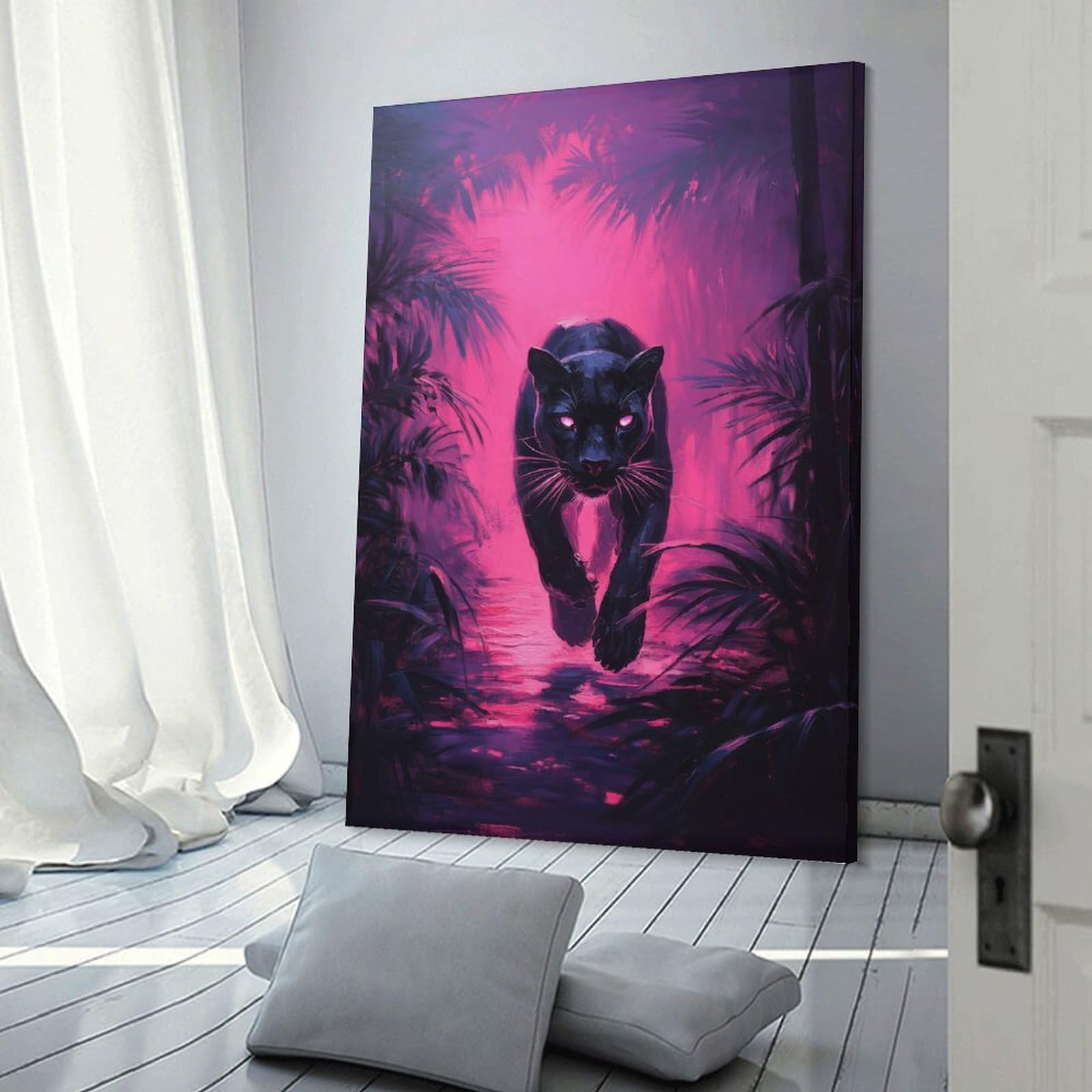Junmoney Frame-Style-6 Wall Picture Print Black Panther In Neon Jungle, 20X30inch(50X75cm), For Contemporary Homes, Apartments Or Offices, Decorative Canvas Decor For Home Updates